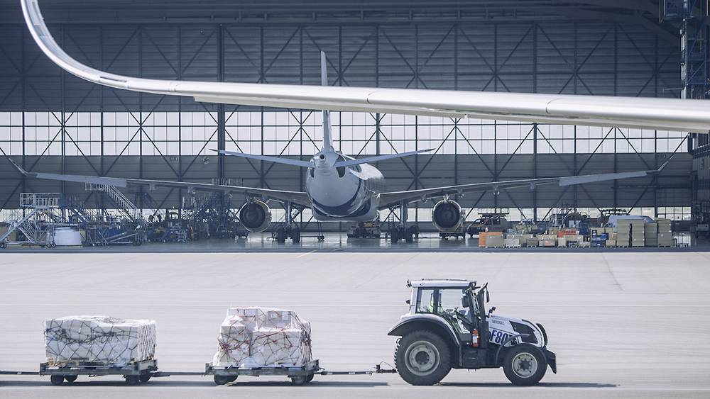 Freight on dollies at Helsinki Vantaa airport