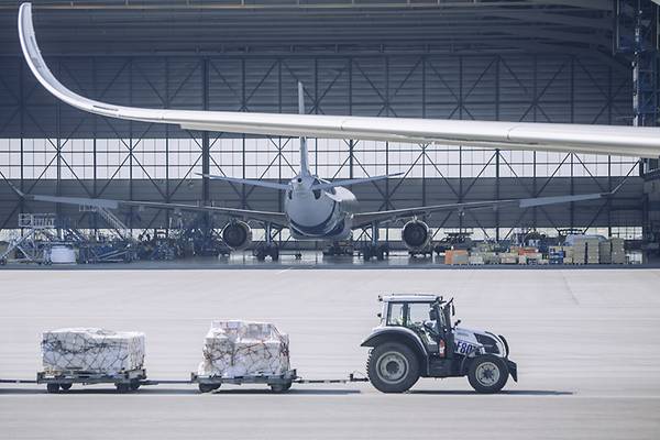 Freight on dollies at Helsinki Vantaa airport